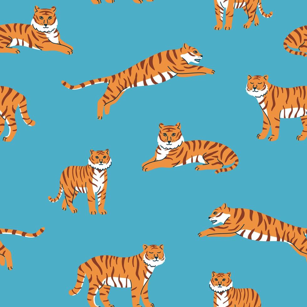 Vector seamless pattern with cute tigers on the blue background.