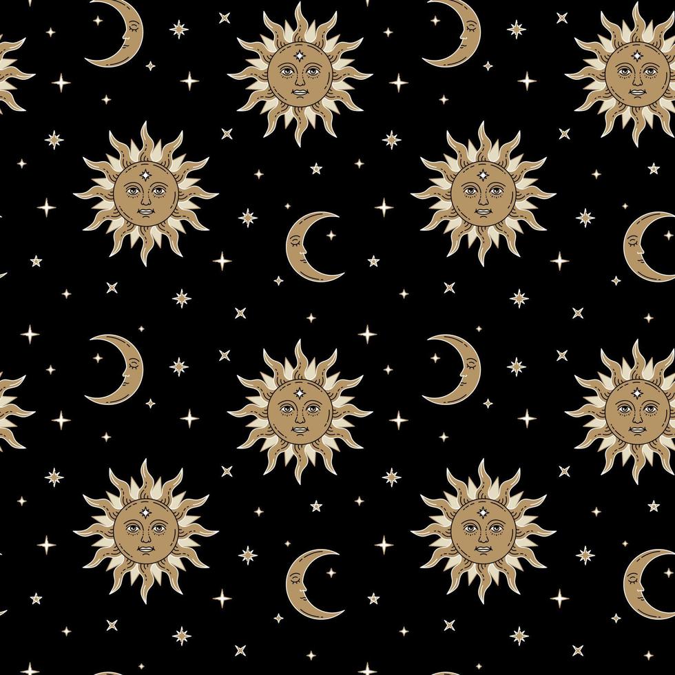 Sun and Moon Vintage Seamless Pattern. Magic  Background with gold Stars and Celestial Astrological Symbols vector