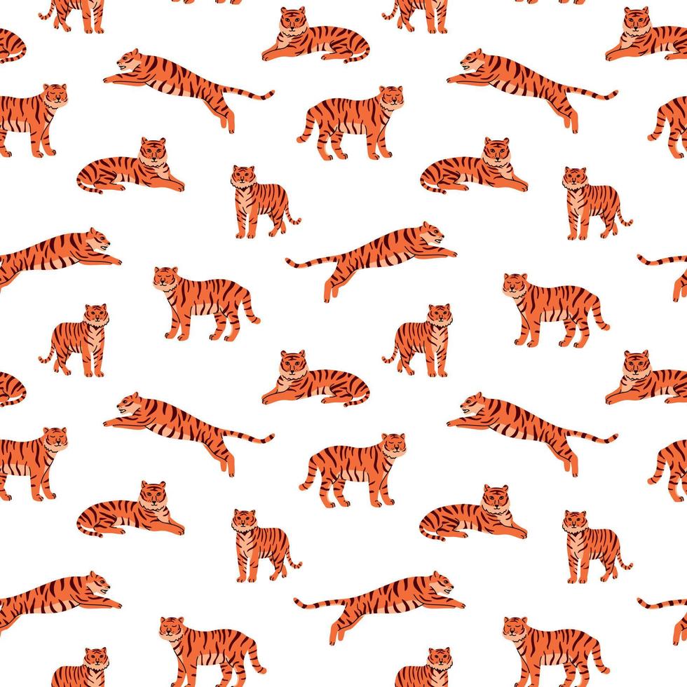 Vector seamless pattern with cute tigers on the white background.