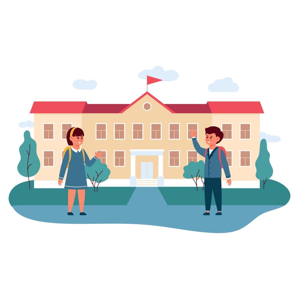 Children go to school building. Pupils or boy and girl in uniform meet and go to lessons. Schoolchildren with backpacks. vector
