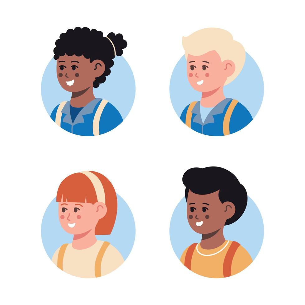 Set of children avatars. Back to school. Bundle of smiling faces of boys and girls with different hairstyles, skin colors and ethnicities. vector