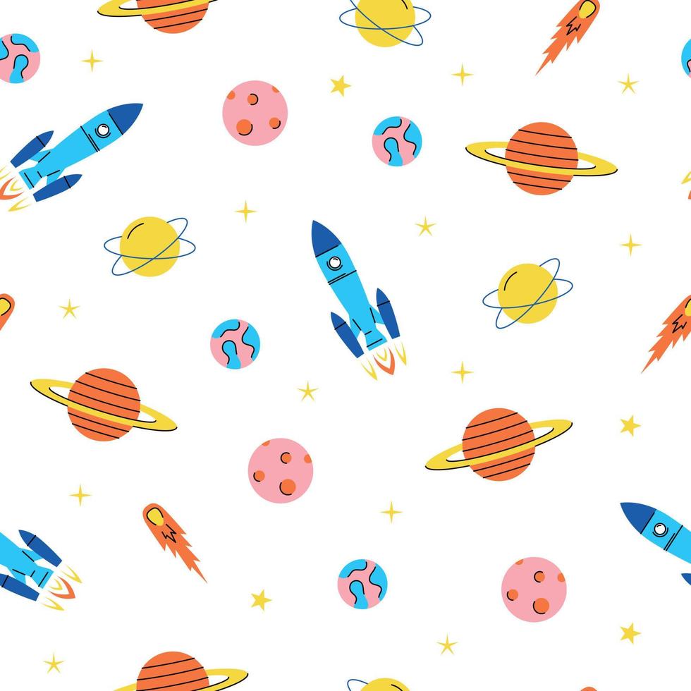 Space elements seamless pattern with rockets, planets, stars and comet. vector
