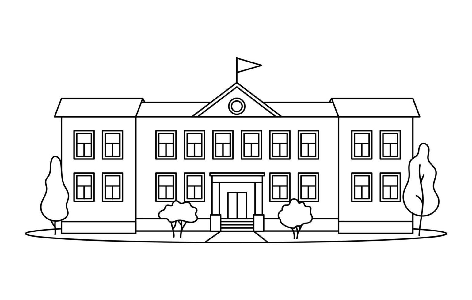 Classical school building with columns for kids or pupil drawn with contour black lines on white background. vector