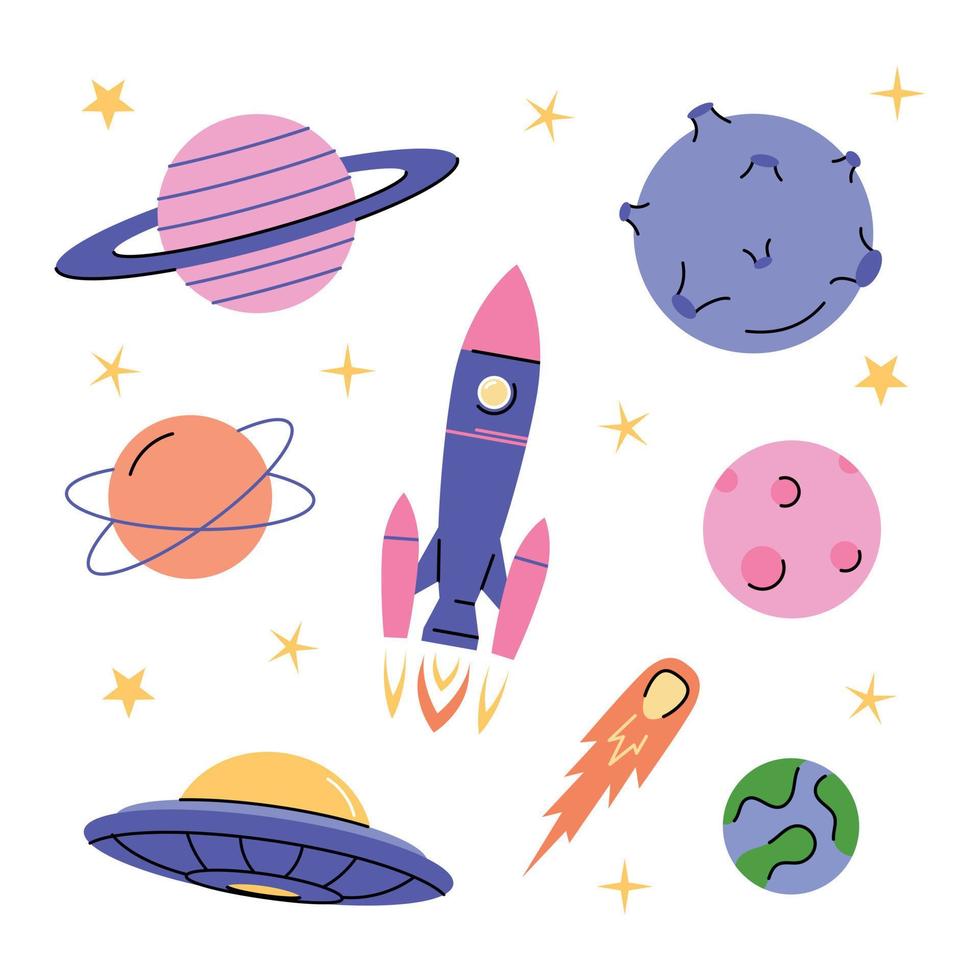 conjunto de espacio de dibujos animados. cohete, planetas, luna, cometa, planetas satélite y estrellas. meteorito y nave espacial. vector