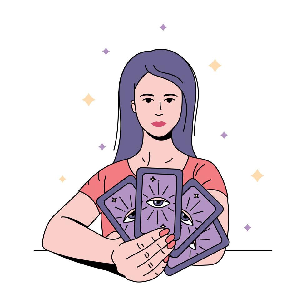 Beautiful woman prophetess, fortune-teller  holding tarot cards. Colour line vector illustration.