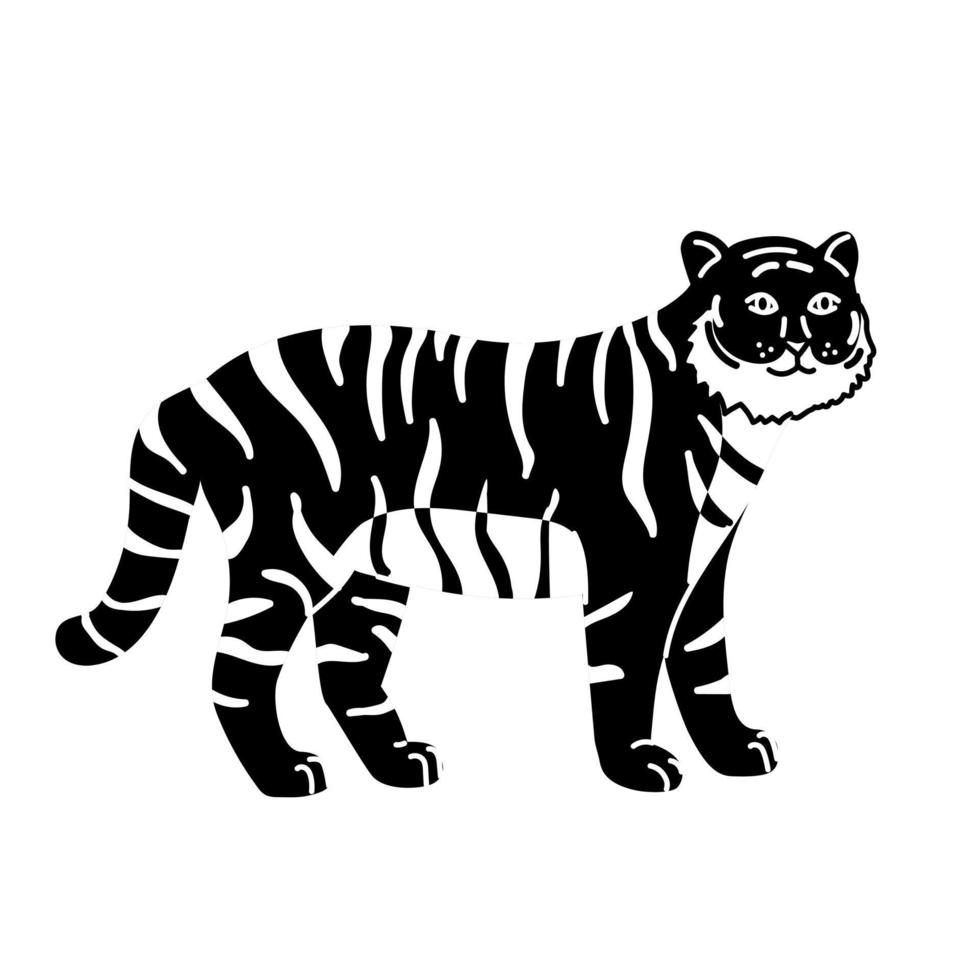 Black and white vector illustration of walking tiger.