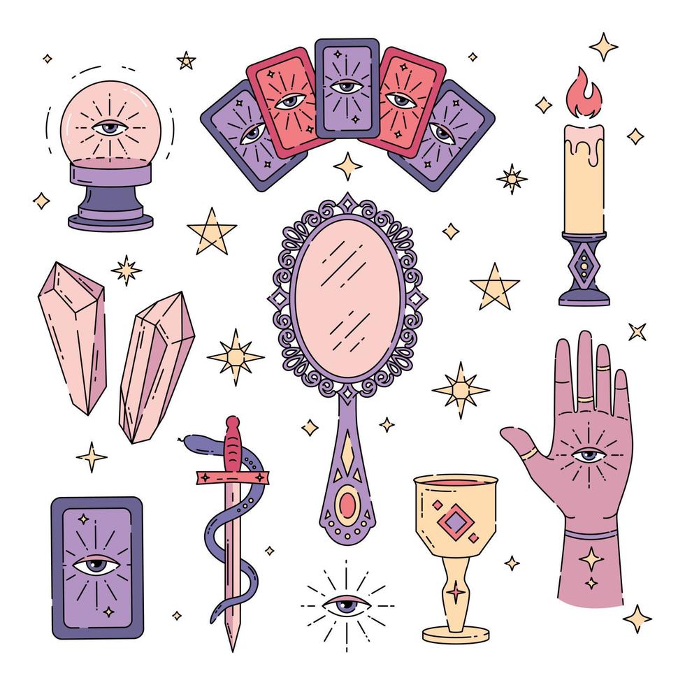 Set of magic symbols, witch tattoos, prediction, tarot cards. vector