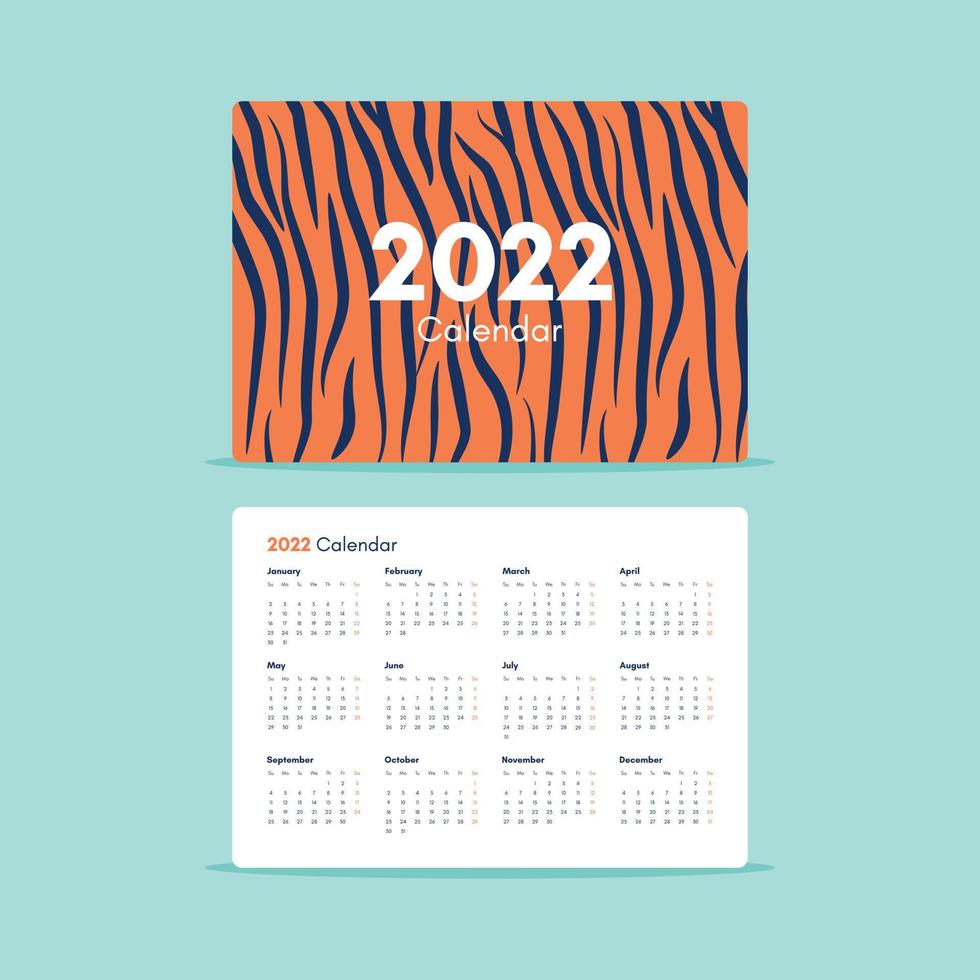 Pocket Calendar 2022 with tiger stripes on orange background. Happy new year. vector