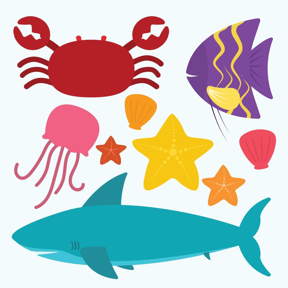 Sea animals collection set in flat crab shark clam fish jellyfish starfish vector