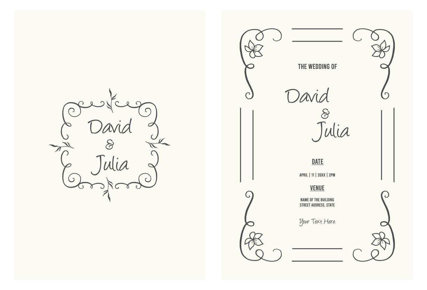 Minimalist wedding invitation card template design, line art drawing of flowers with frame on paper vector