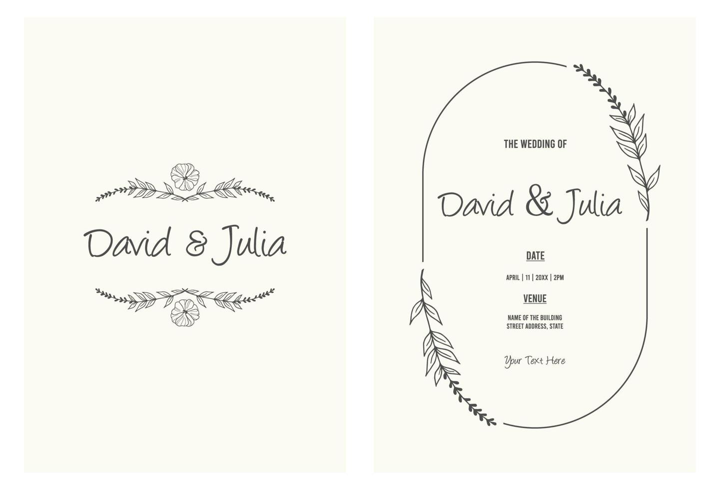 Vintage minimalist wedding invitation card template design, line art drawing of flowers with frame on paper vector
