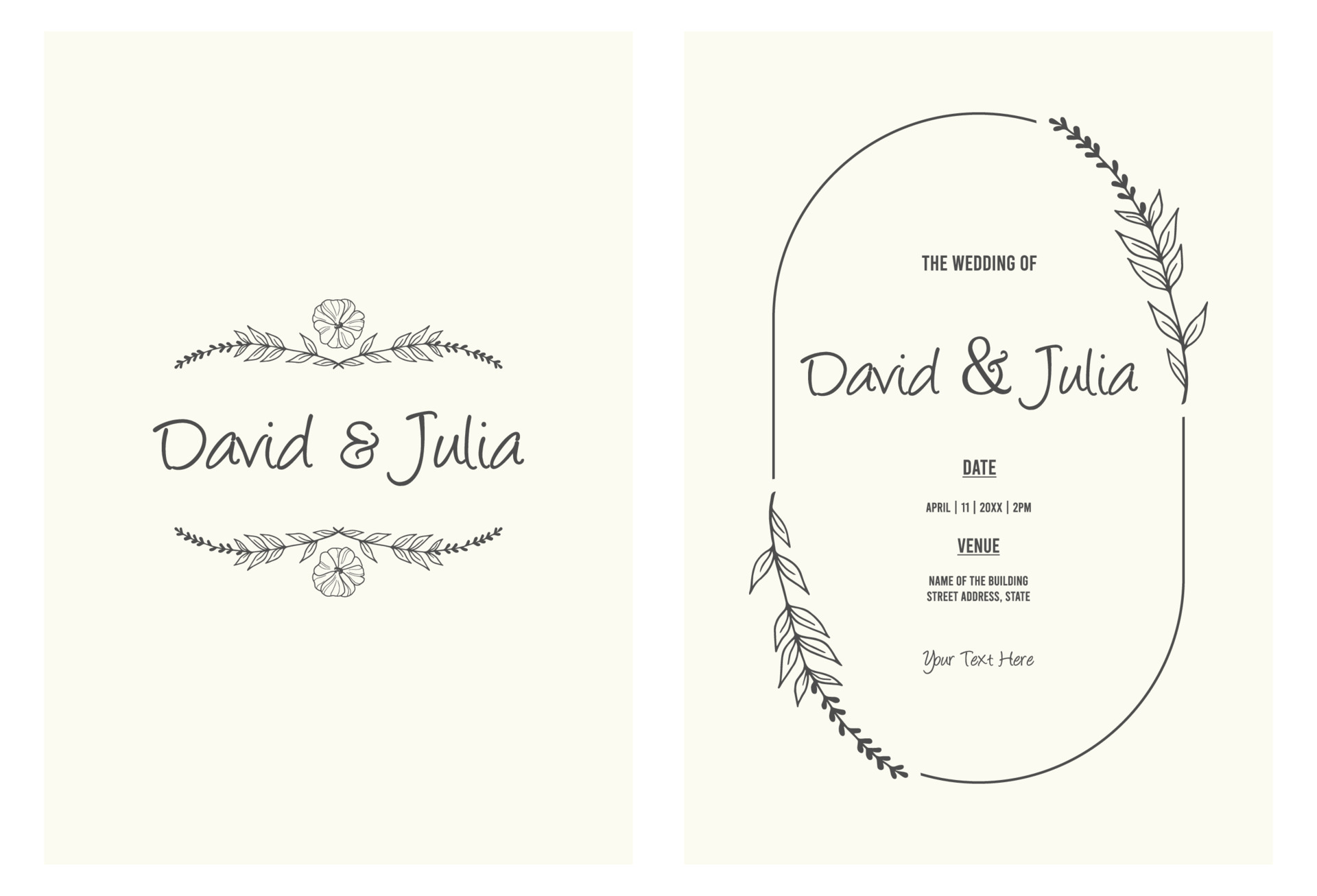 Vintage minimalist wedding invitation card template design, line art
