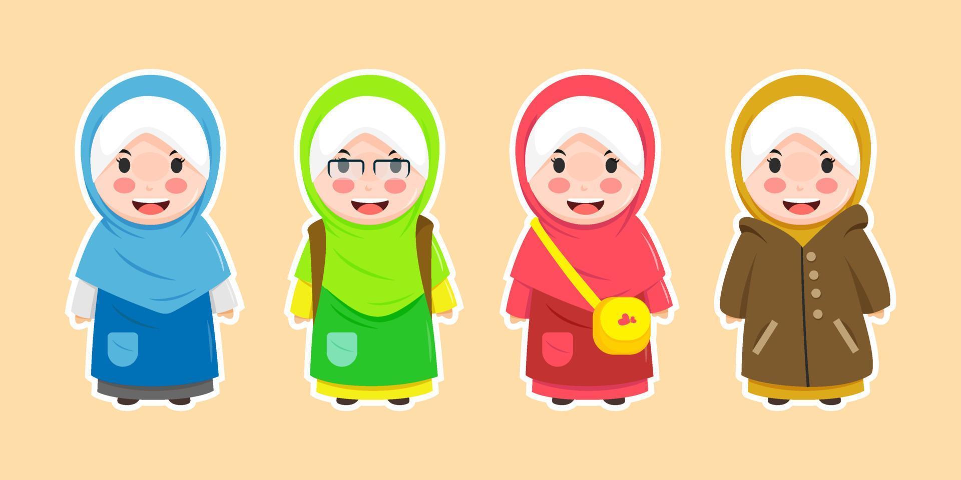cute chibi muslimah cartoon collection set vector