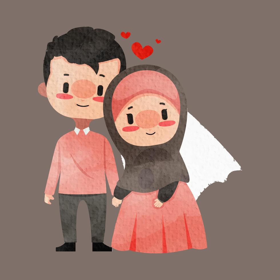 acuarela de boda de pareja musulmana de dibujos animados lindo vector