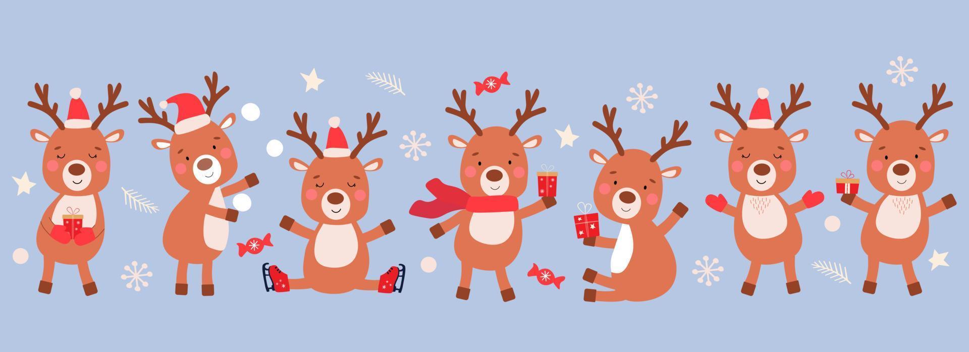 A set of cute Christmas reindeer with gifts, skating in mittens and Santa hats. New Year's animals. Vector graphics.