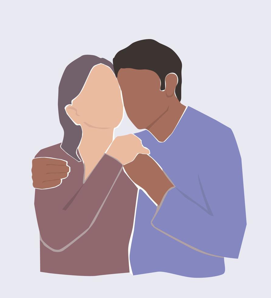 Portrait of an abstract man and woman, a couple in love. Male and female hug, holding hands. Vector graphics.