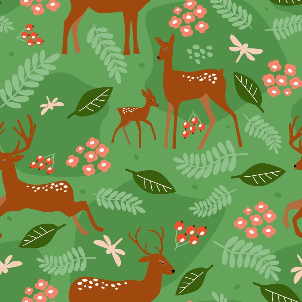 Seamless pattern with a summer forest print. An adult deer, a fawn among flowers, leaves, berries. Vector graphics.