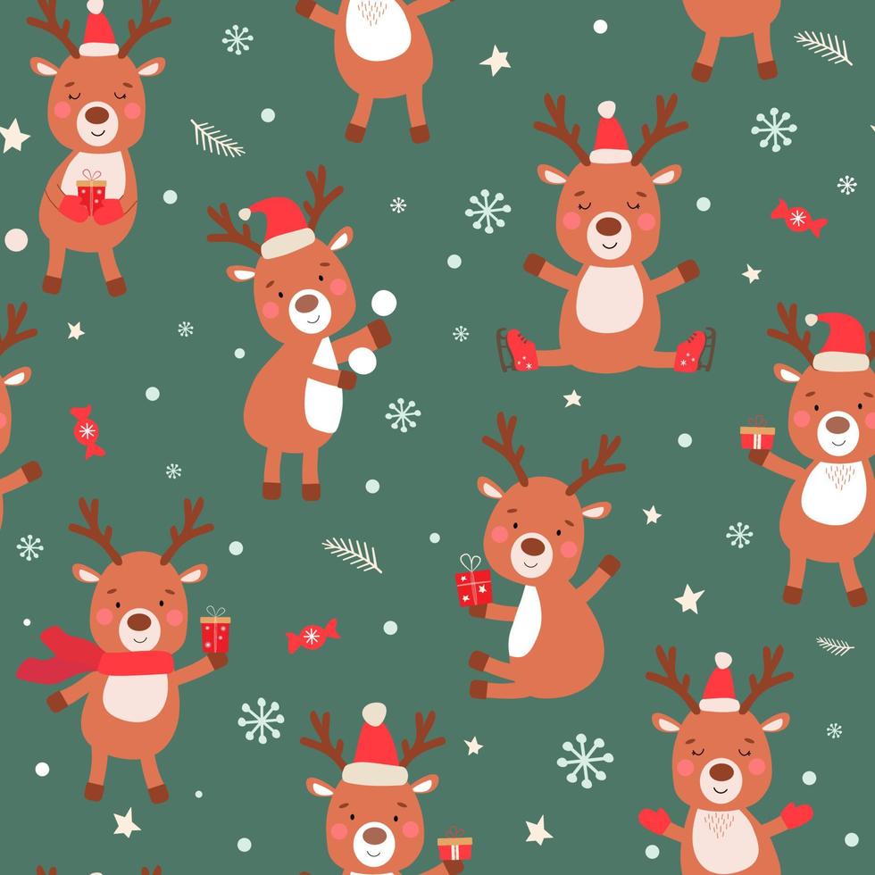 Seamless pattern of cute Christmas reindeer with gifts, skating in mittens and Santa hats. New Year's animals. Vector graphics.