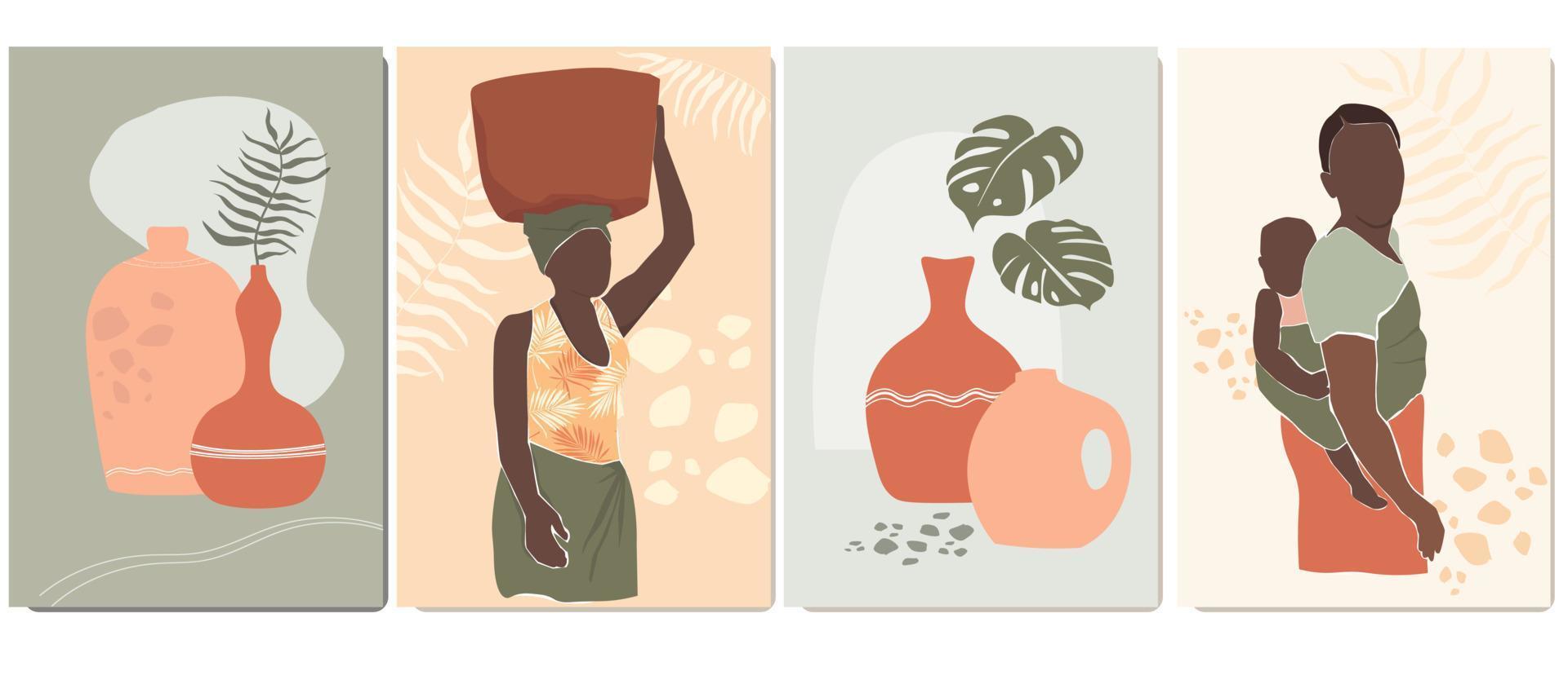 A set of abstract minimalistic posters with vases, jugs, palm leaves, figures of African women in national clothes. Vector graphics.