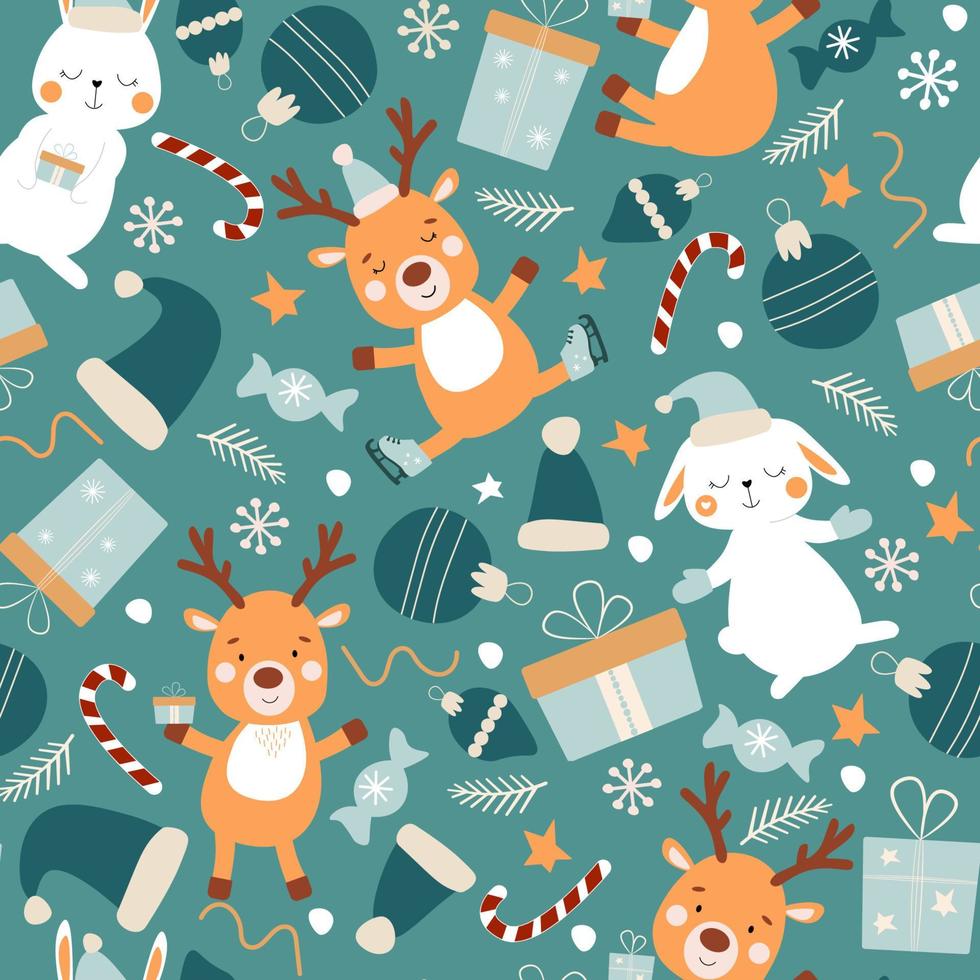 Seamless pattern of cute Christmas reindeer and rabbits with gifts skating in Santa mittens and hats. New Year's animals. Vector graphics.