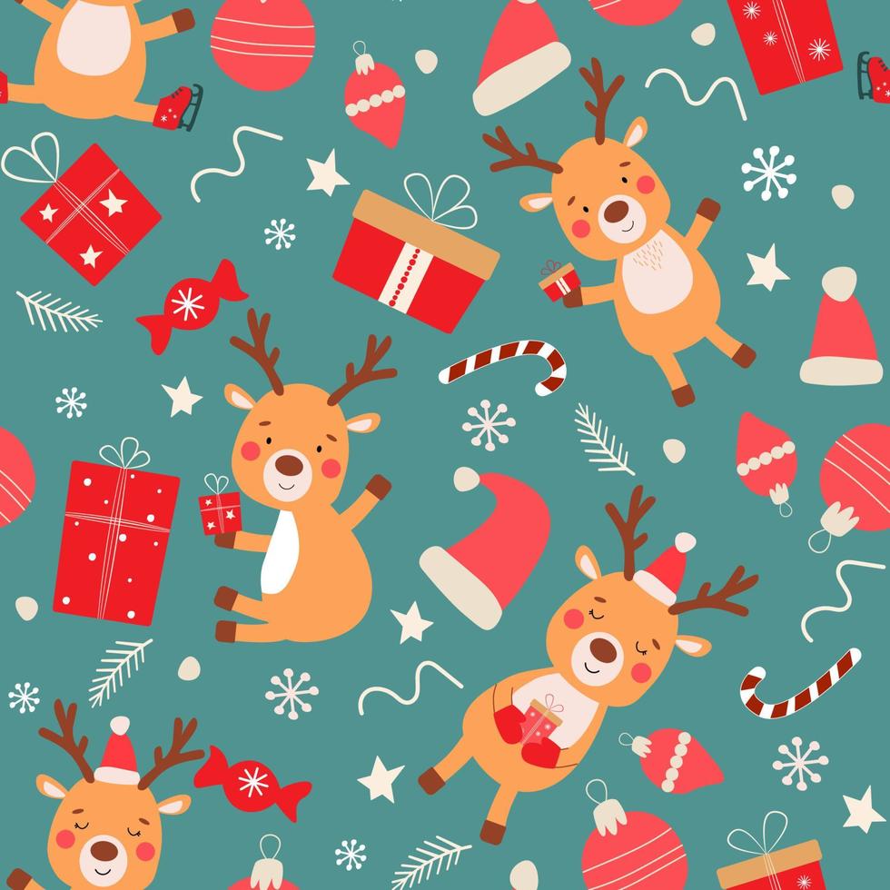 Seamless pattern of cute Christmas reindeer with gifts, skating in mittens and Santa hats. New Year's animals. Vector graphics.