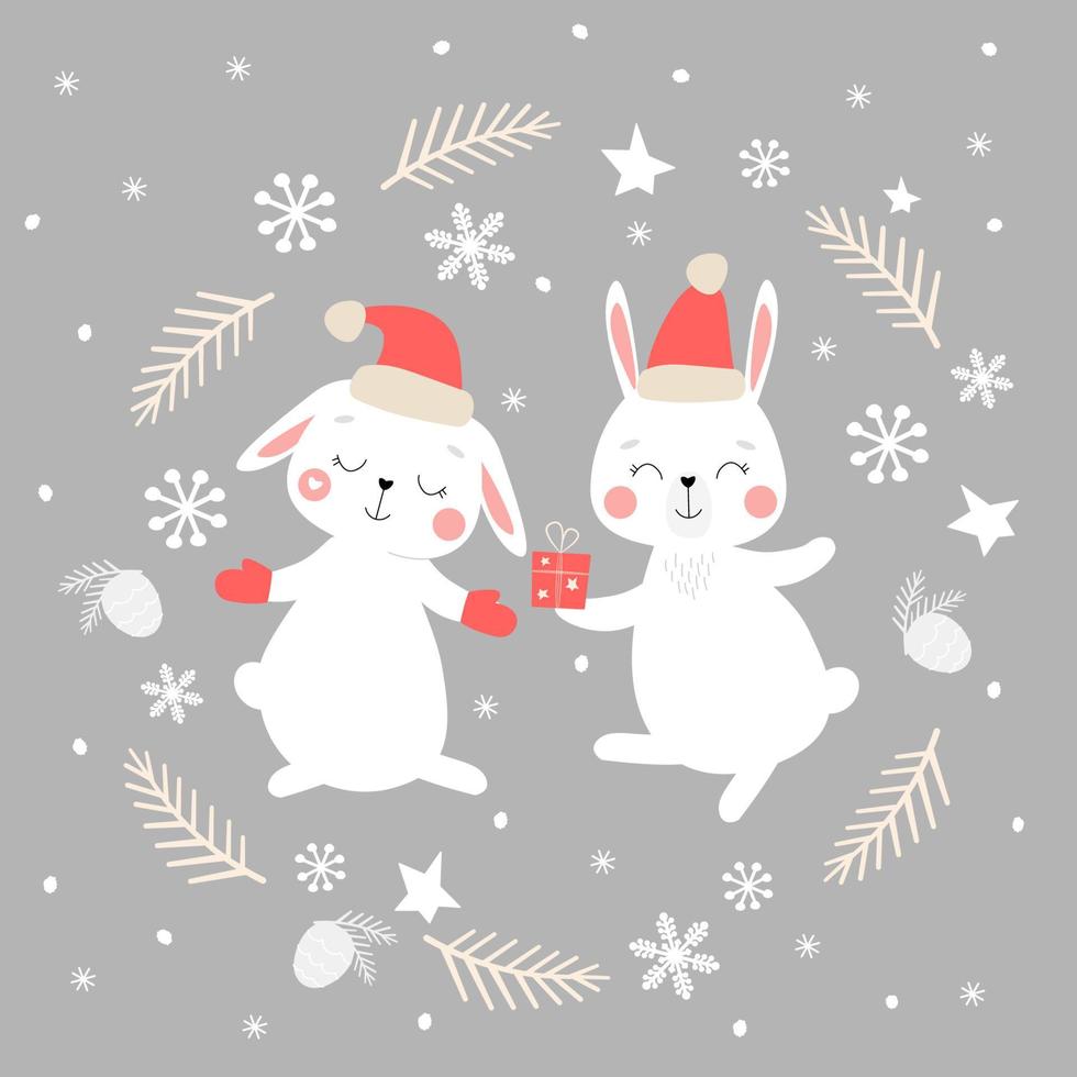 New Year's winter greeting card with cute bunnies who give Christmas gifts on the background of snowflakes, stars, cones. Vector graphics.