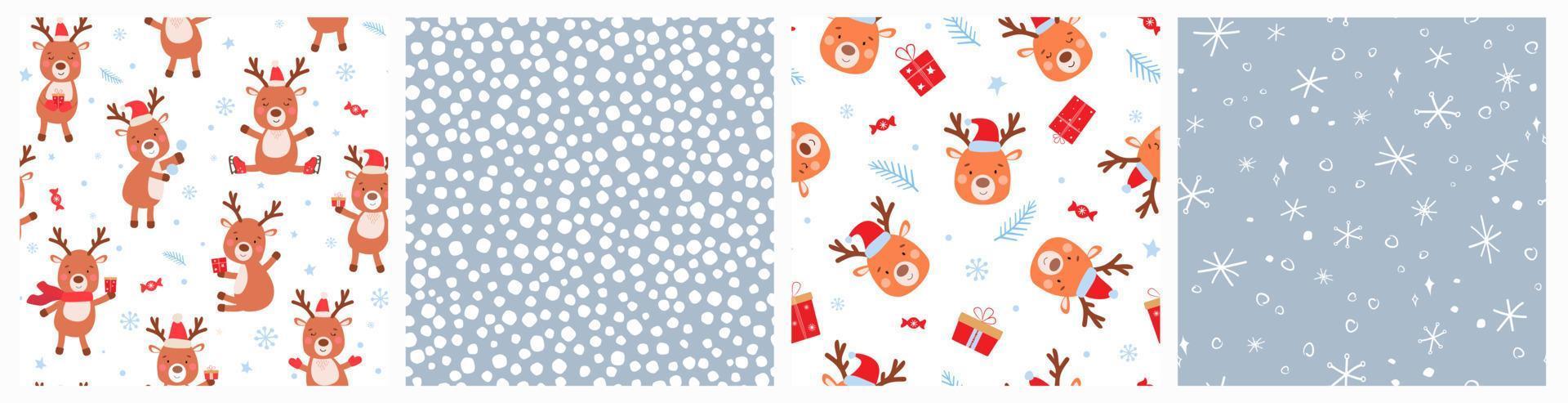 A set of seamless pattern of cute Christmas reindeer with gifts, sweets, snowflakes in Santa hats. New Year's animals. Vector graphics.