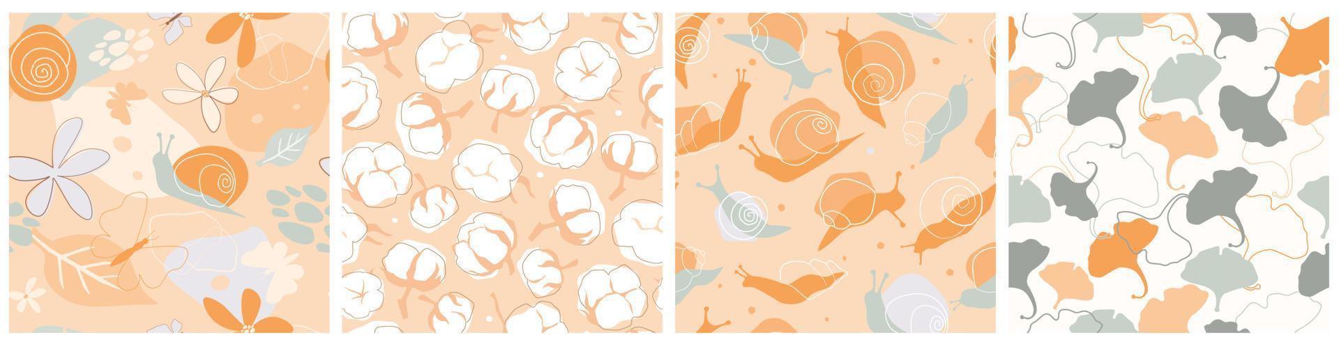 A set of seamless patterns with a summer abstract contemporary ornament. Cotton flowers, snails, butterflies, ginkgo biloba leaves, natural eco print. Vector graphics.