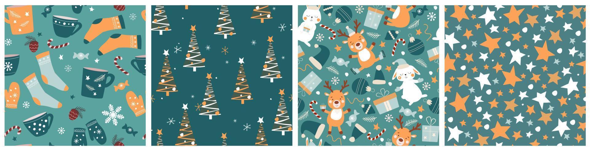 A set of seamless New Year patterns. Print with Christmas trees, deer, rabbits, gifts, snowflakes, stars. Vector graphics.