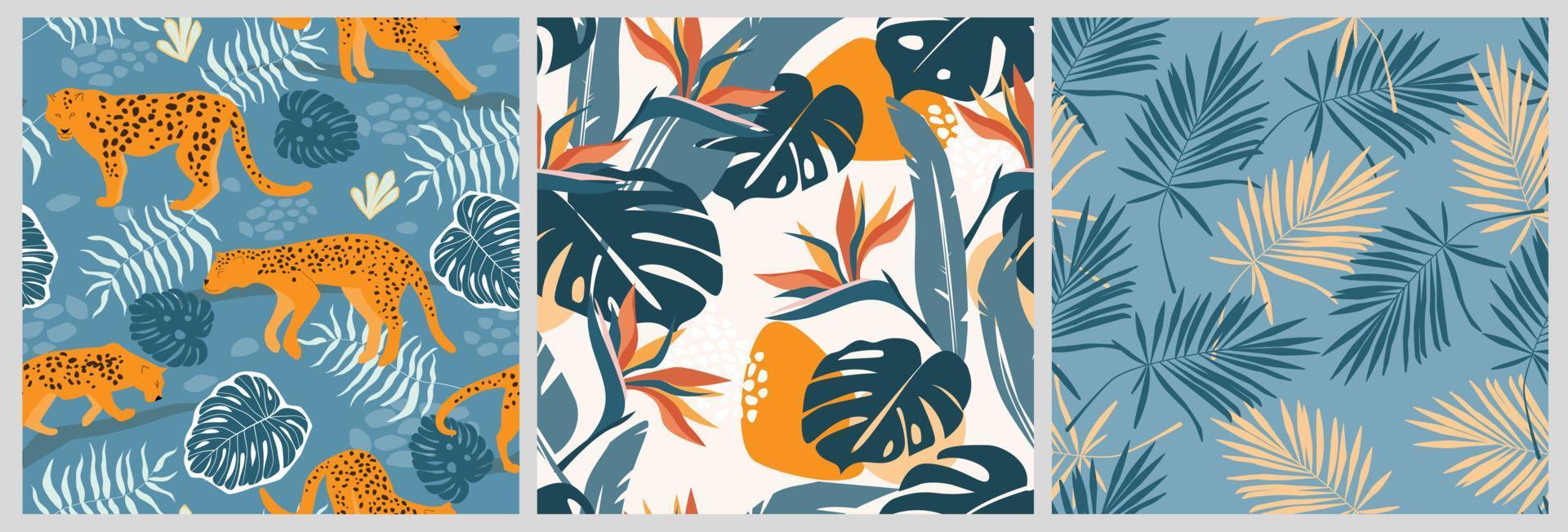 A set of seamless patterns with summer tropical, exotic animal print. Palm leaves, leopard spots. Vector graphics.