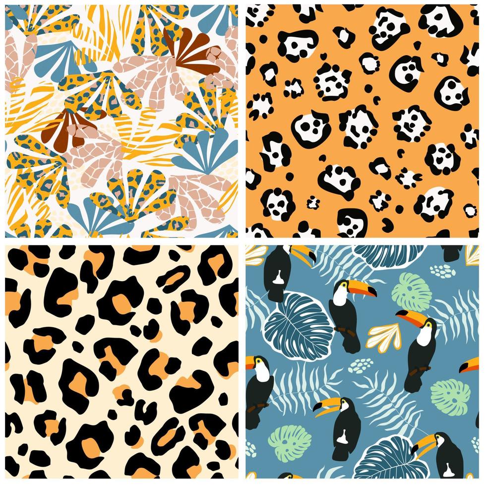 un conjunto de patrones sin fisuras con estampado animal tropical y exótico de verano. hojas de palma, manchas de leopardo, pájaro tucán. gráficos vectoriales vector