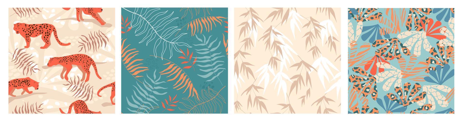 A set of seamless patterns with summer tropical, exotic animal print. Palm leaves, leopard spots. Vector graphics.