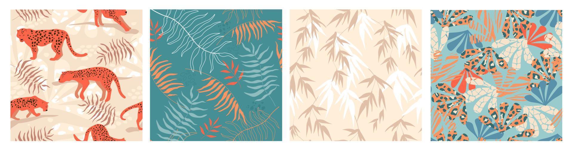 un conjunto de patrones sin fisuras con estampado animal tropical y exótico de verano. hojas de palma, manchas de leopardo. gráficos vectoriales vector