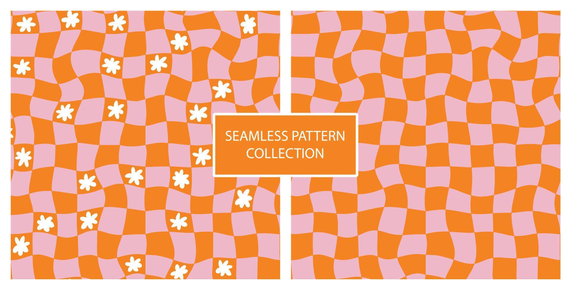 Trippy orange grid in 70s hippie style. swirl chess board seamless pattern. Set of two retro background. Illustration with white daisy flowers. vector