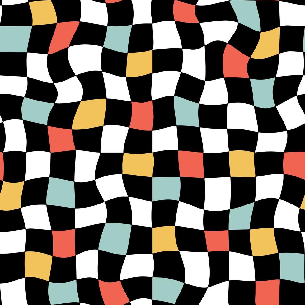 Colorful wavy checkered pattern. Vector background in retro 1970 style. Naive bright groovy decorative wallpaper.