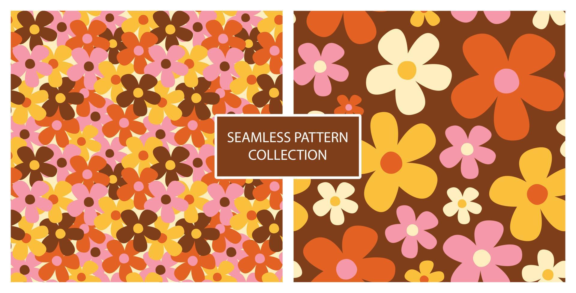 Set of brown seamless patterns with pink and orange daisy flowers. Two groovy retro vector background. Decorative hippy vintage floral wallpaper in autumn mood.