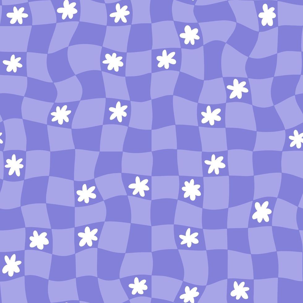 1970 trippy violet grid with daisy seamless pattern. Groovy vector background in retro style. Checkered wallpaper hippie aesthetic.