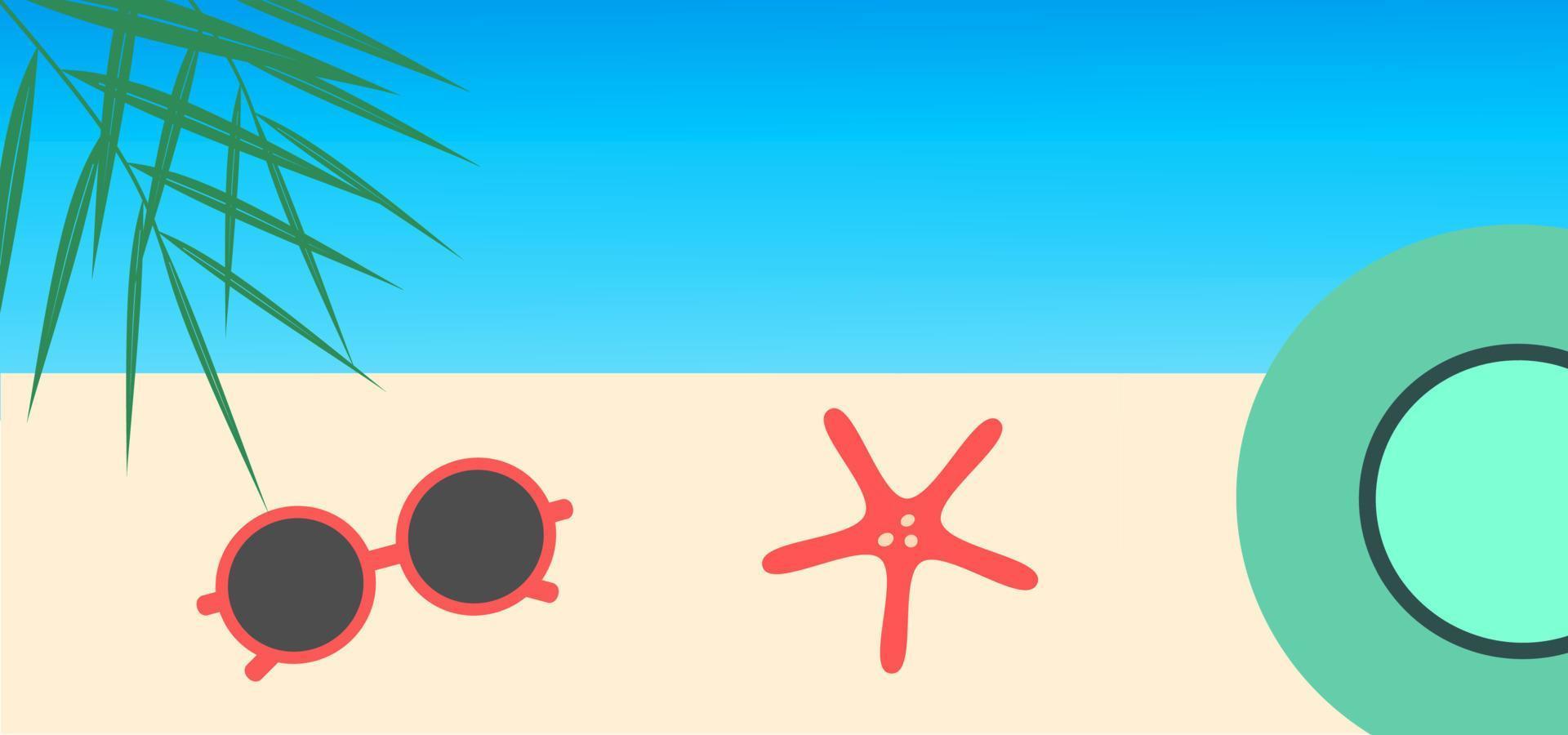 Summer sale beautiful web banner. Top view of cute beach object. Refreshing summer sale template. Flat Vector illustration with special discount offer. Concept of island vacation.