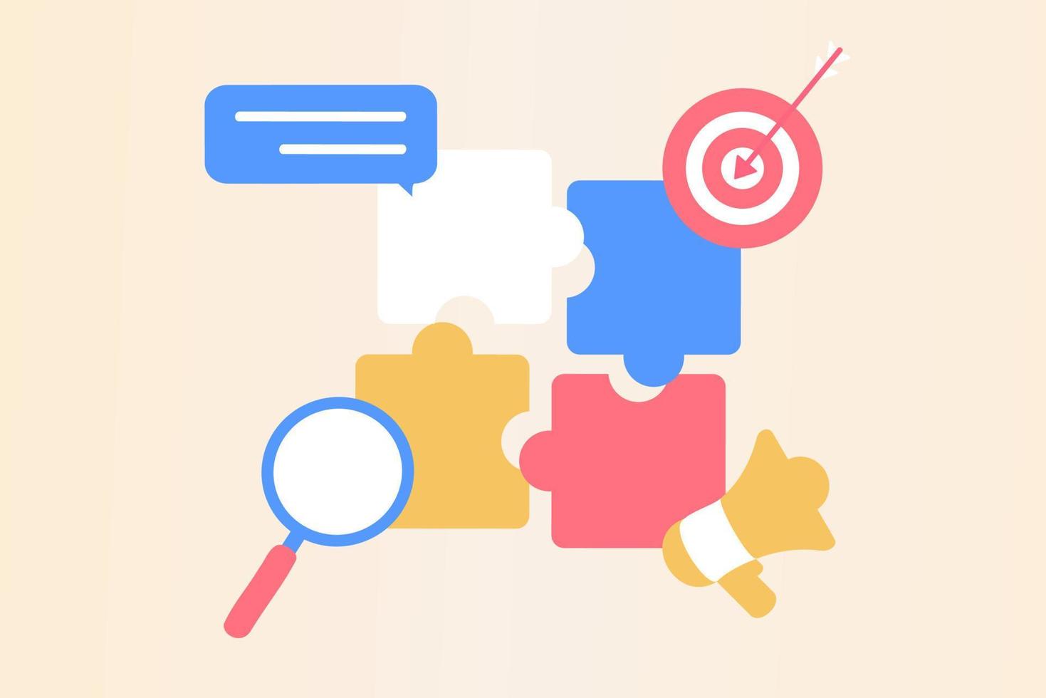 Business solution and support, problem solving and decision making, innovative ideas concept. Connecting puzzle elements, team metaphor, business approach, brainstorming. Flat web vector illustration.