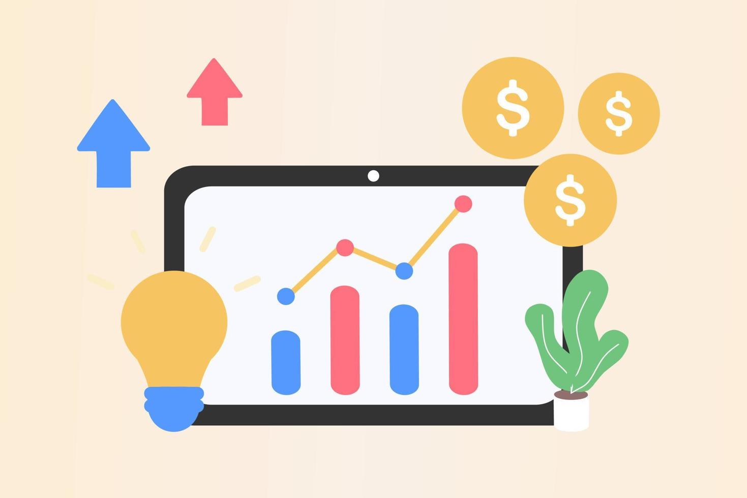 Business trend analysis and project promotion of new business trends concept. Analyst forecasting future web template. Data analysis, stock market analytics, trader, broker. Flat vector illustration.