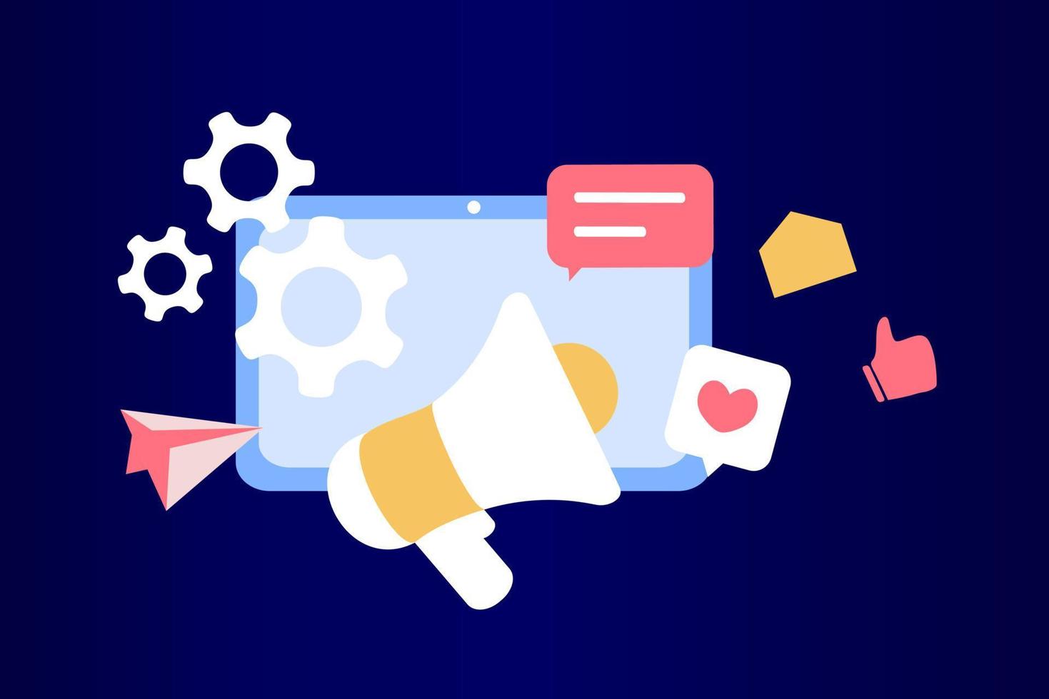Social networks promotion. Social media marketing, digital promo campaign, Web analytics, SMM strategy, chatbot, video broadcast, stories. Like comment share giveaway. Flat web vector illustration.