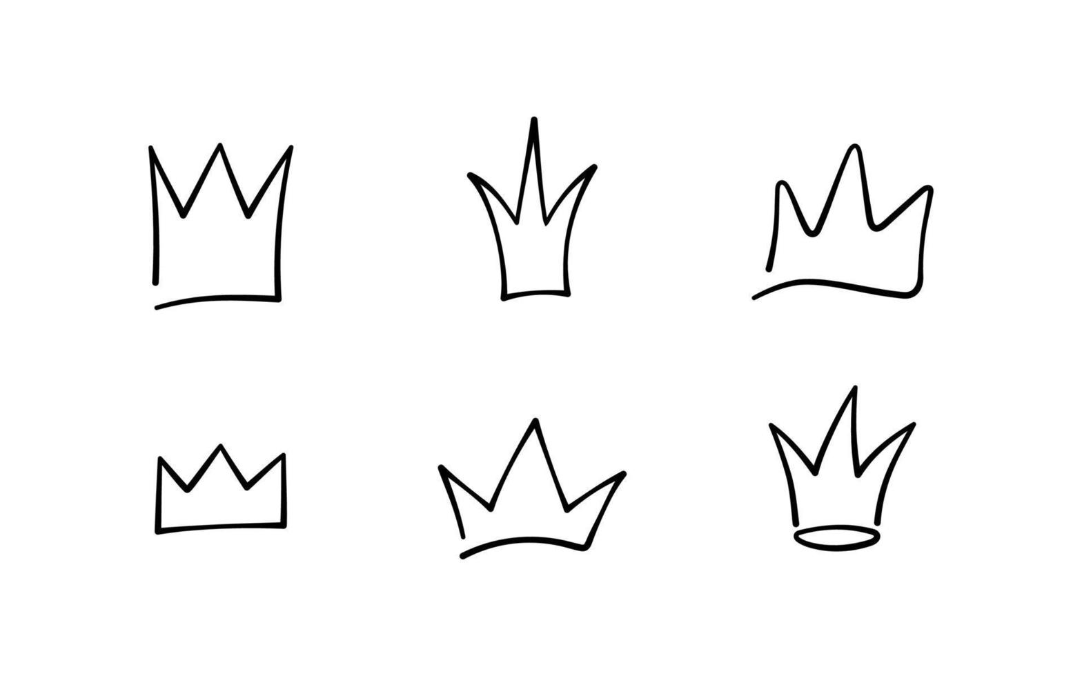 Hand drawn doodle crowns set. King crown sketches, majestic tiara, king and queen royal diadems. Vector illustration isolated in doodle style on white background