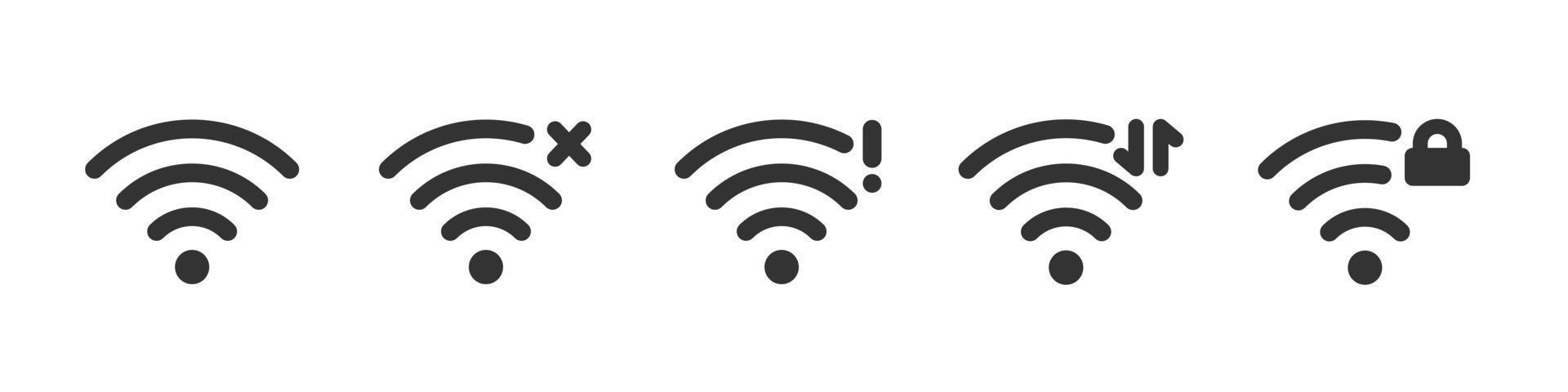 Wi Fi icons set - blocked, data transmission, network error. Wifi signal status icons. Wireless internet connection signal. Vector illustration isolated on white background