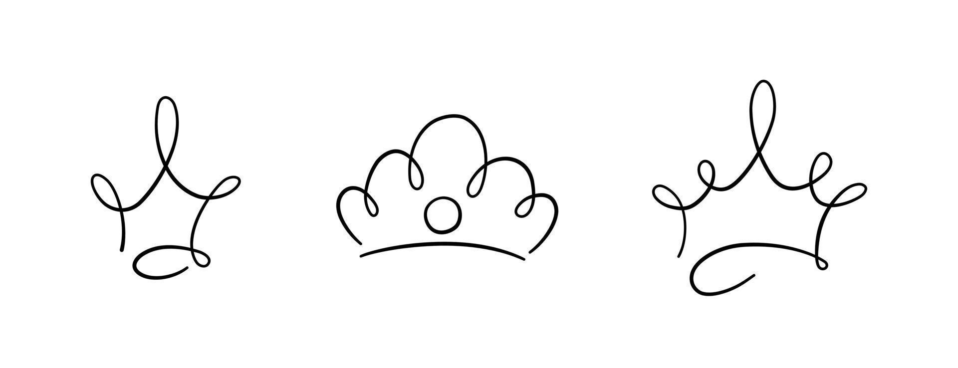 Hand drawn doodle crowns set. King crown sketches, majestic tiara, king and queen royal diadems. Vector illustration isolated in doodle style on white background