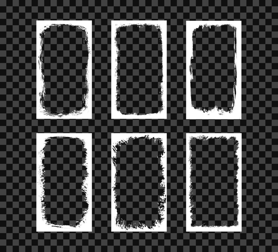 Grunge frames for photo , stories and social network media 9 16. Template with brush stroke. Rectangular border with grunge overlay. Set of vector illustrations isolated on transparent background