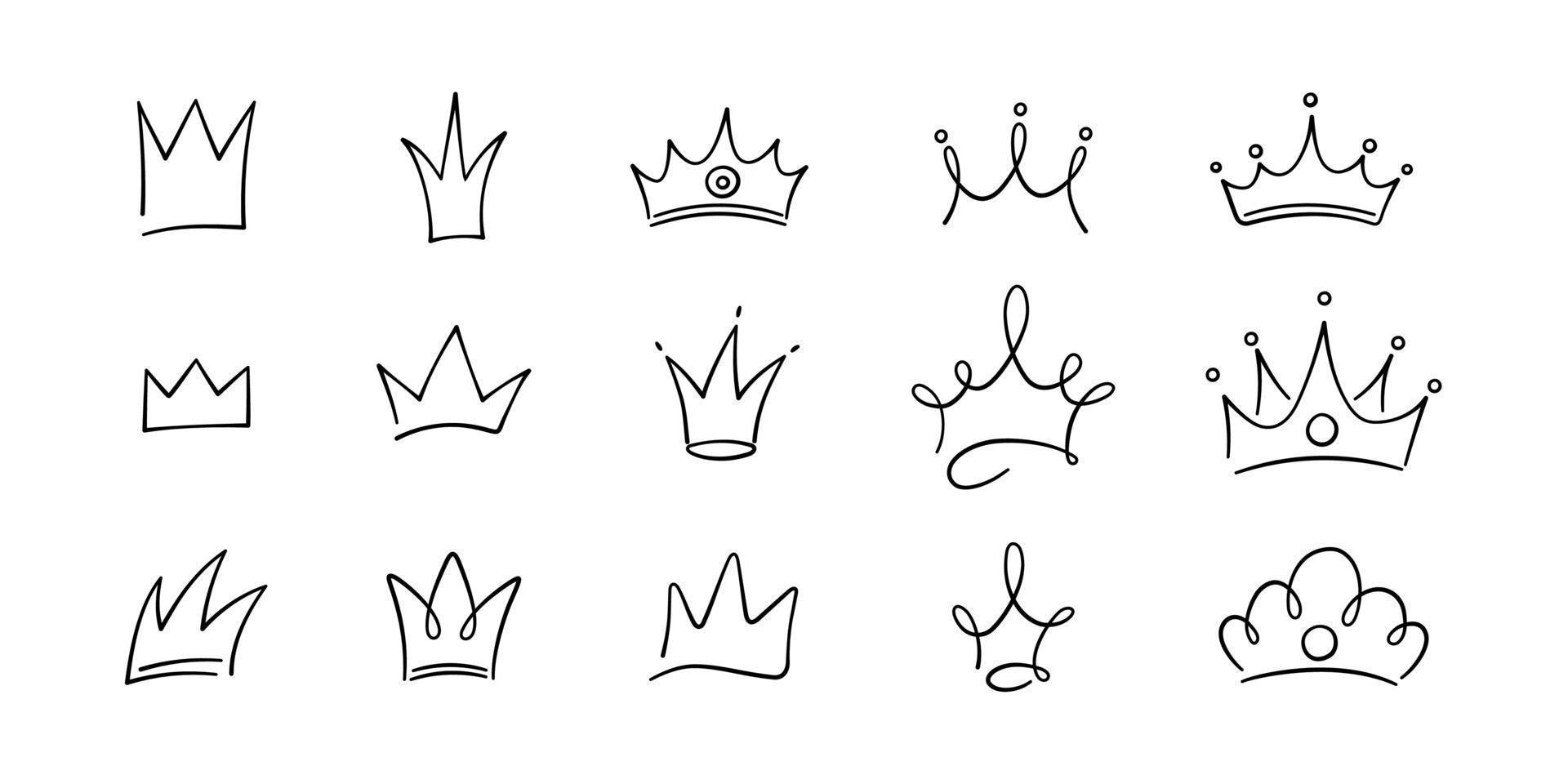 Hand drawn doodle crowns set. King crown sketches, majestic tiara, king and queen royal diadems. Vector illustration isolated in doodle style on white background