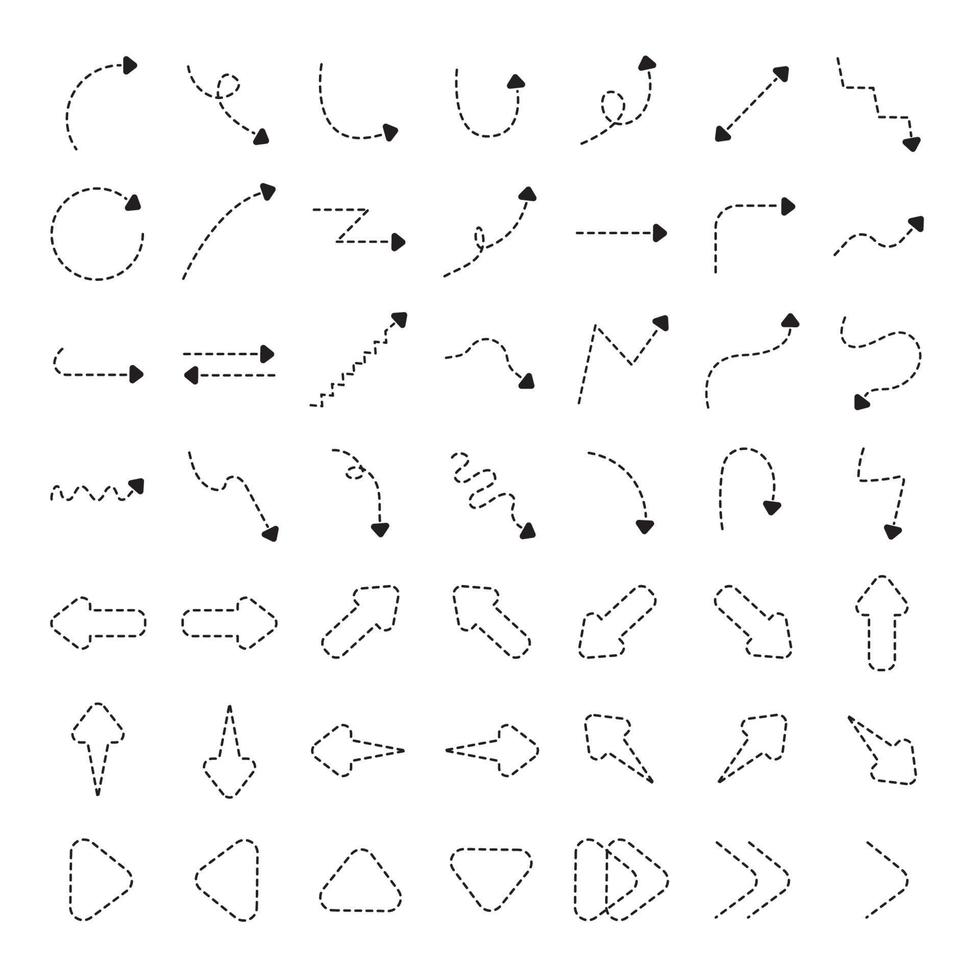 conjunto de iconos de flecha, línea punteada negra. conjunto de vectores de flecha. fondo aislado