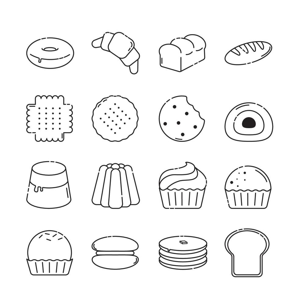 vector icon outline set bakery. Such as donuts, croissants, cookies. Isolated background. Black lines.
