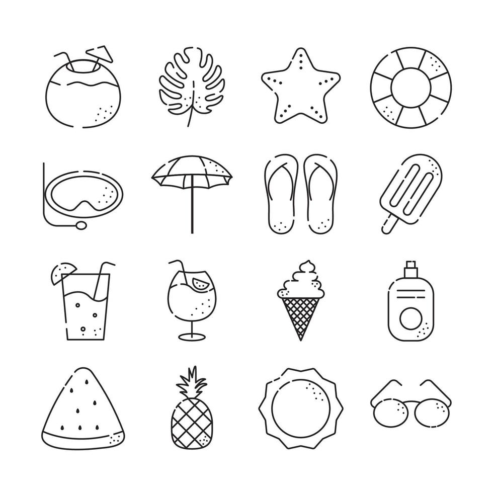 vector icon outline set summer. such as icon glasses, coconut, popsicles. Isolated background.