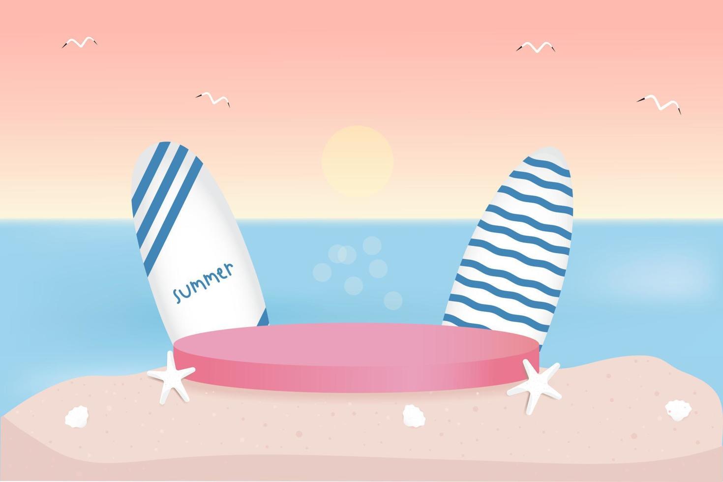 vector 3D scene with podium and abstract background.Summer banner with sea .  podium for cosmetic product presentation.